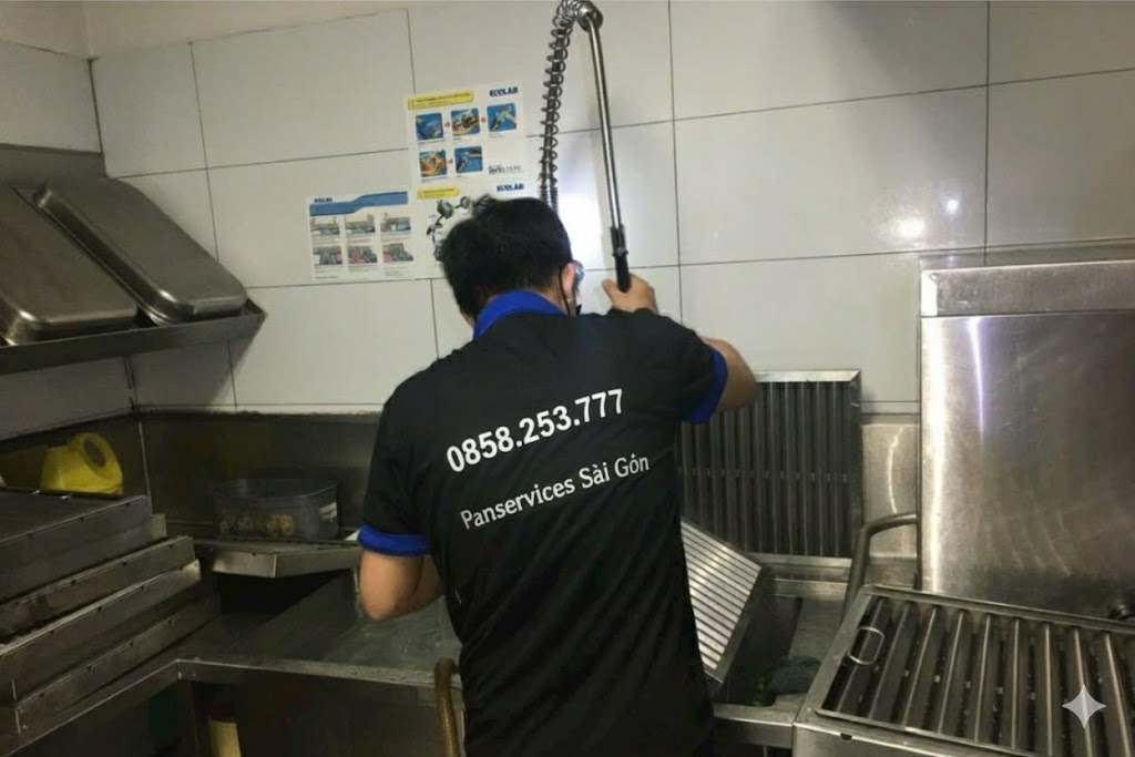 Nhân viên Panservices Sài Gòn đang vệ sinh ống hút khói bếp nhà hàng.